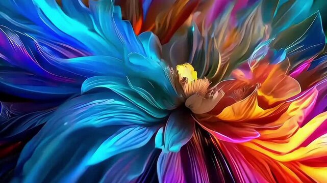 Abstract ornate fluffy colored neon flowers with lines, twisted into patterns