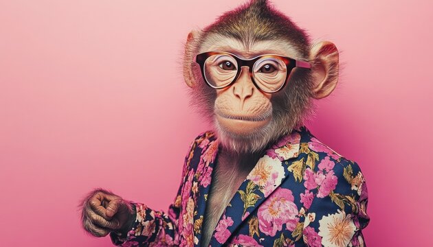 A playful monkey dressed in stylish glasses and a colorful floral suit is enthusiastically pointing at the camera