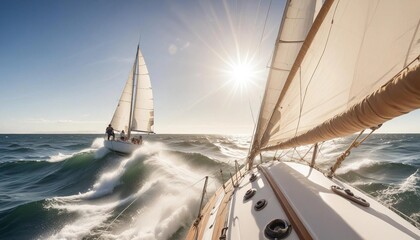 Obraz premium Bright sunlight illuminates a sailboat racing across the churning sea, with a determined sailor adjusting the sails to harness the wind and surge ahead.