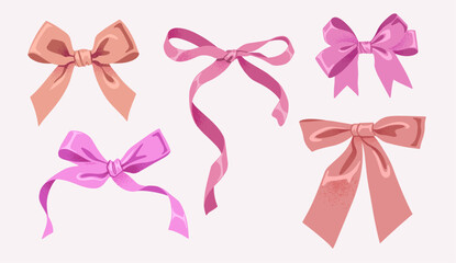 Hand drawn silk bows. Trendy girls hair braiding accessories.  Birthday gifts pink ribbon decoration, holidays gift boxes packaging elements flat vector illustration set.