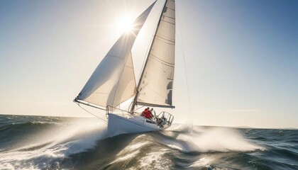 Obraz premium Bright sunlight illuminates a sailboat racing across the churning sea, with a determined sailor adjusting the sails to harness the wind and surge ahead.
