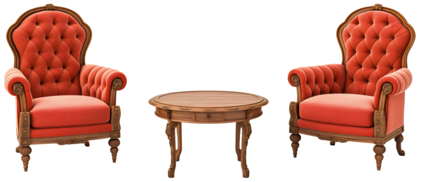Comfortable vintage red armchair and wooden table isolated on transparent background. Classic luxury apartment decoration object, home house living room furniture, retro, elegance, brown, nobody