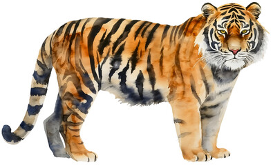 Obraz premium Watercolor tiger standing isolated on transparent background. Africa safari wildlife wild cat art print illustration, jungle or zoo predator mammal, poster