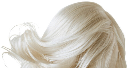 Naklejka premium Blonde white wavy woman head hair isolated on transparent background. Natural styling and care, beautiful fake glamour wig, smooth, shampoo, stylish