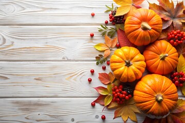 Fototapeta premium Pumpkins and autumn leaves on a old wooden table