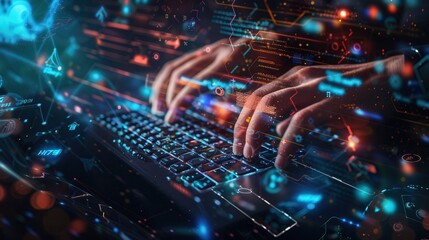 A hacker's hands rapidly type on a keyboard, surrounded by glowing digital symbols and codes, highlighting the intensity of late-night coding. Generative AI