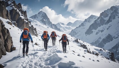 climbers making their way up the snow-covered mountainside one after the other
