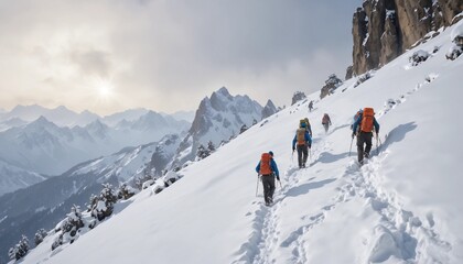 climbers making their way up the snow-covered mountainside one after the other

