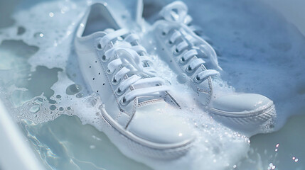 Closeup of pair of white shoes sneakers wash in water and foam. Dirty or clean footwear