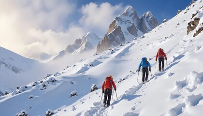 climbers making their way up the snow-covered mountainside one after the other
