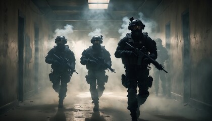Naklejka premium A SWAT team in full tactical gear moves through a smoke-filled corridor, illuminated by dramatic beams of light, their sharp silhouettes poised to breach a heavily fortified room.