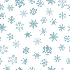 Winter Snowflakes Seamless Pattern. Christmas hand drawn blue snow print on gray background. New year texture for print, wrapping paper, design, fabric, decor, gift, backgrounds. Not AI Vector