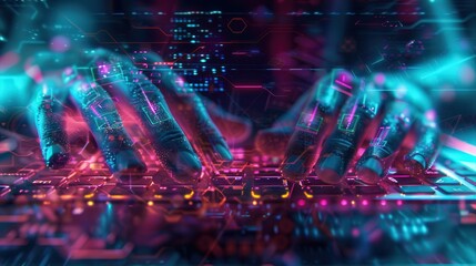 Hacker types intently on a keyboard as digital symbols and codes cascade in vibrant colors, creating an immersive cyber environment. Generative AI