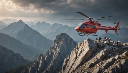 Fototapeta na wymiar a group of climbers at the top of a rocky mountain and a rescue helicopter coming to pick them up 