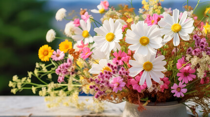 Obraz premium A vase of flowers sits on a wooden table.