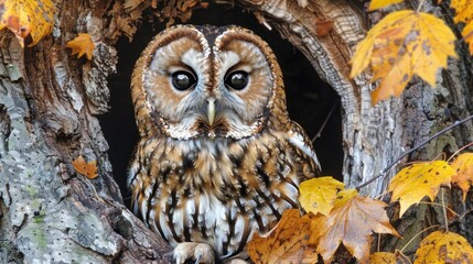 a close-up portrait of a tawny owl in a hollow tree with autumn leaves around