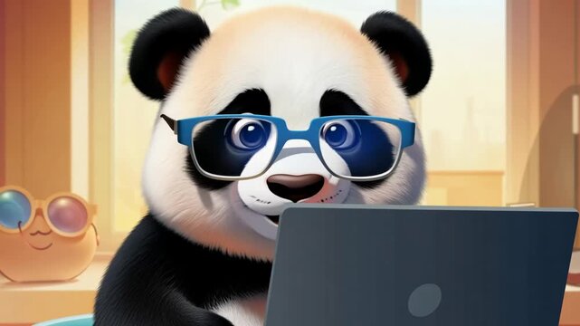 Adorable Cartoon Panda Typing on Laptop in a Cozy Office Environment