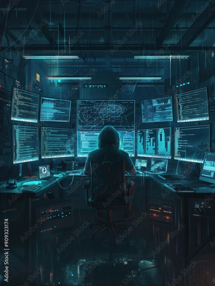 Leinwandbilder a hacker operates at a desk in a dimly lit room, focused on multiple glowing computer screens displa