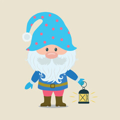 A cute little gnome in a blue hat. A hand-drawn sketch of a garden gnome. Vector illustration from a cartoon. A cute dwarf character with a lantern. Children's illustration.