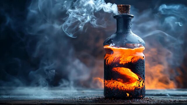 a bottle of magic elixir with flame and smoke on table in dark room