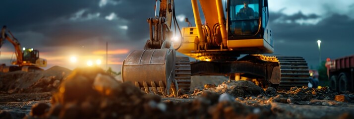Heavy Machinery at Sunset: A powerful excavator stands silhouetted against a dramatic sunset,  a testament to the tireless work of construction, engineering, and infrastructure development. The golden