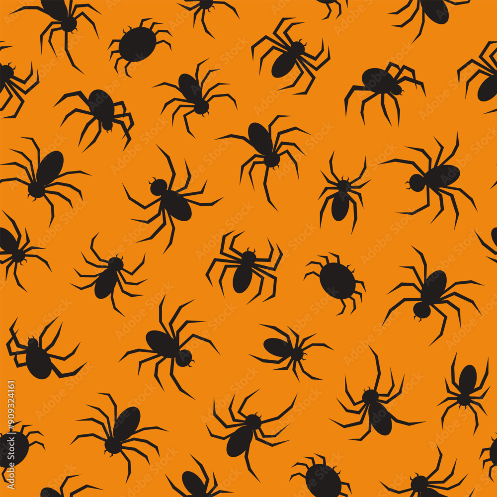 Poster Seamless pattern with black spiders on a orange background. Simple minimal vector print with spiders theme for halloween	