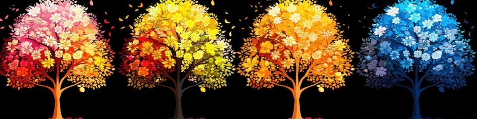 Stunning Artistic Representation of Four Trees Depicting Various Seasonal Changes â€“ Vibrant Colors of Spring, Summer, Fall, and Winter