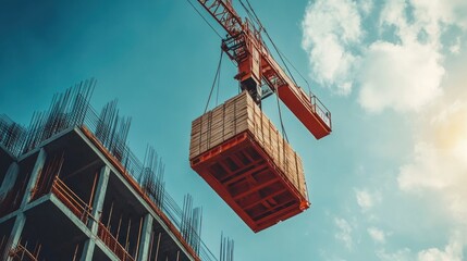 Fototapeta premium Construction Crane Lifting Building Materials