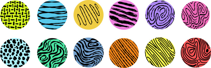 Colored round stickers with various hand-drawn pencil textures. Vector Naive Doodle Patterns