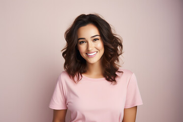 Obraz premium beautiful female model wearing pink shirt smiling looking into the camera on pink background, portrait of a woman