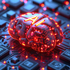 AI Brain Concept on Red Glowing Electronics Board