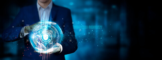 Biometric Security: Businessman holding innovation technology to develop smart solutions from...