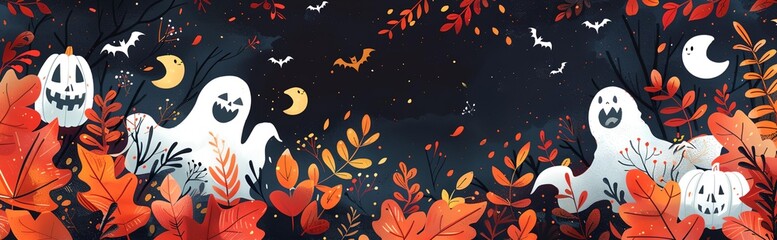 a painting of a halloween scene with ghost and pumpkins in the woods with bats flying overhead