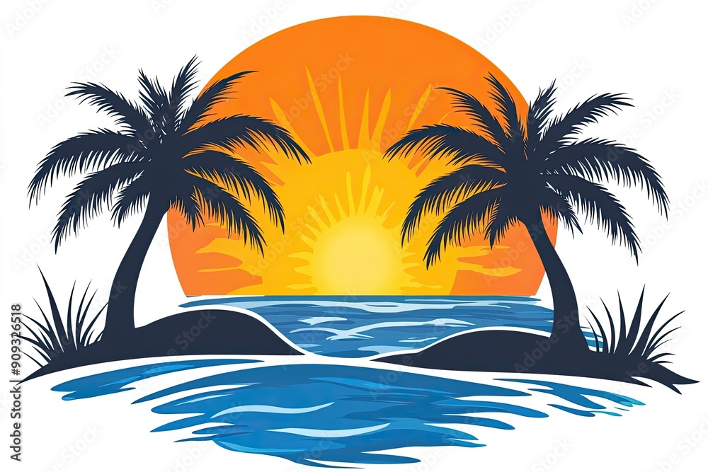 Poster Tropical Sunset with Palm Trees and Ocean Waves