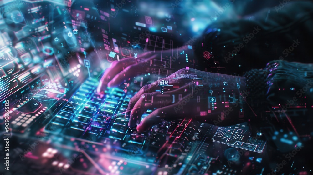 Aufkleber Hands rapidly type on a keyboard, immersed in a world of digital codes and symbols, highlighting the activity of hacking in a tech-driven space. Generative AI