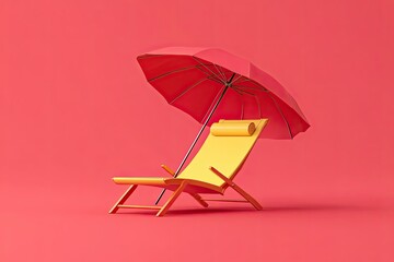 Colorful Deck Chair and Umbrella on Pink Background