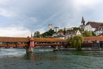 The Spreuer Bridge is one of two surviving covered wooden footbridges in the city of Lucerne