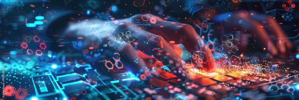 Poster Hacker's hands are rapidly typing on a keyboard, immersed in a swirl of digital symbols and codes reflecting a high-tech atmosphere. Generative AI
