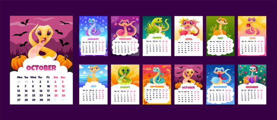 Naklejka premium Colorful Snake wall calendar 2025. Cute set with Monthly Calendars pages in vertical format and different snakes for printing or for planner design. Vector cartoon template illustration