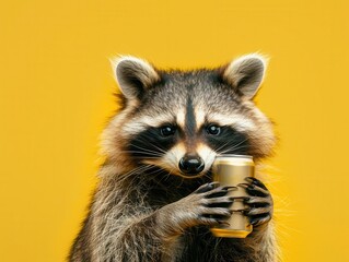 A raccoon holding a beer can and looking mischievous, professionally color graded on an isolated yellow background, International beer day