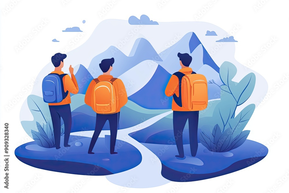 Poster Three Hikers Exploring a Mountain Trail Illustration