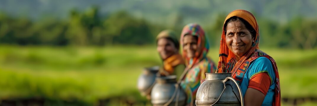 Radiant Rural Resilience:  Indian women, adorned in vibrant saris, carry water jugs through lush green fields, their smiles reflecting strength and determination. 