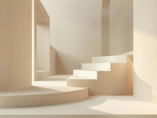 Minimalist interior design with white stairs and curved walls bathed in soft natural light.