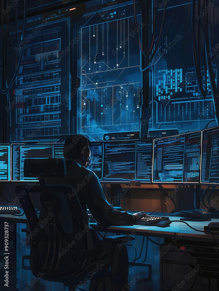 Poster A hacker works intently at a desk in a dimly lit room, analyzing data across several glowing computer screens, immersed in a world of technology. Generative AI