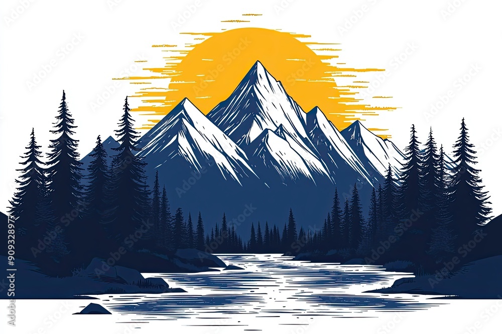 Wall mural Mountain Landscape with River and Sunburst Background