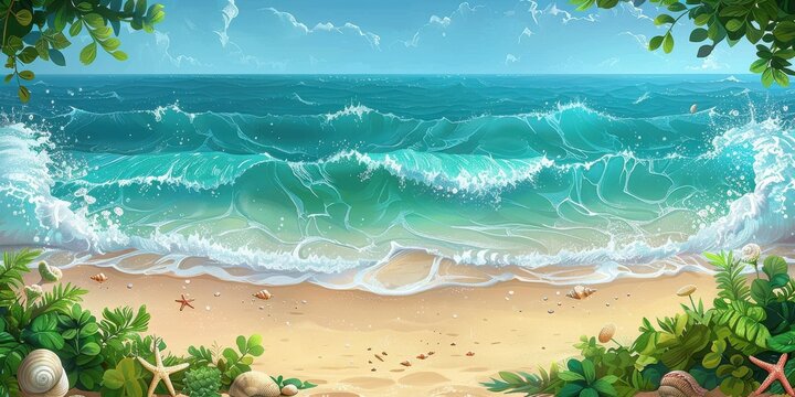 Captivating Tropical Beach with Clear Blue Waters, Golden Sands, Breaking Waves, and Lush Green Foliage under a Sunny Sky