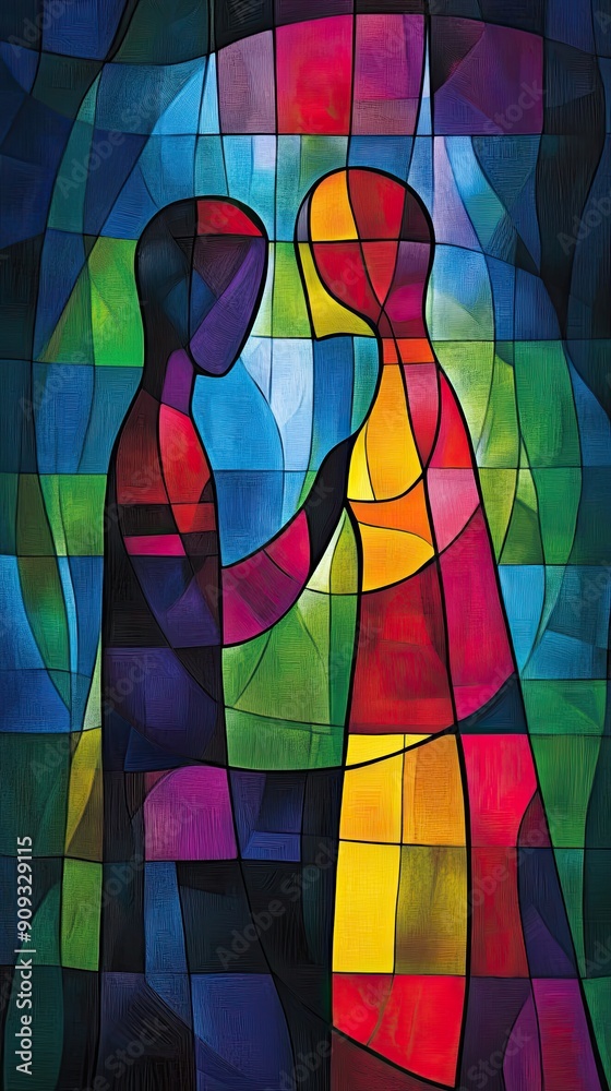 Sticker Colorful Stained Glass Depiction of Two Silhouetted Figures