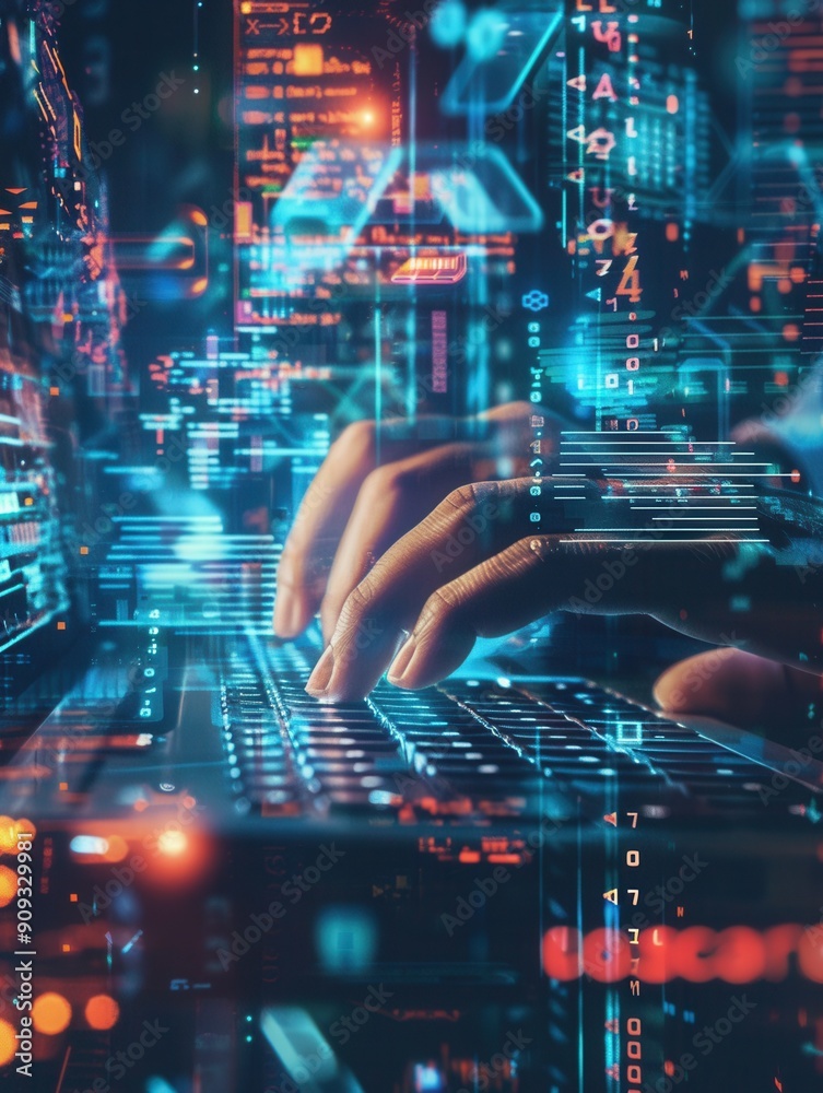Aufkleber A hacker’s hands move swiftly across a keyboard surrounded by vibrant digital codes and symbols, illustrating an intense moment in cyber activity. Generative AI