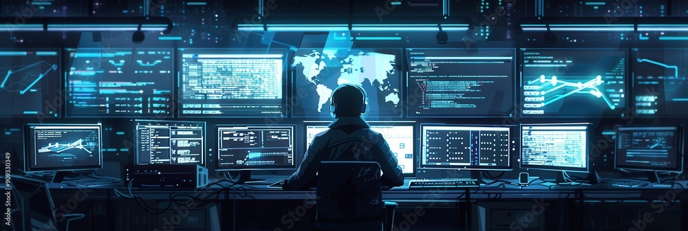 Aufkleber a hacker is focused on multiple screens in a dimly lit room, analyzing complex data and codes late a