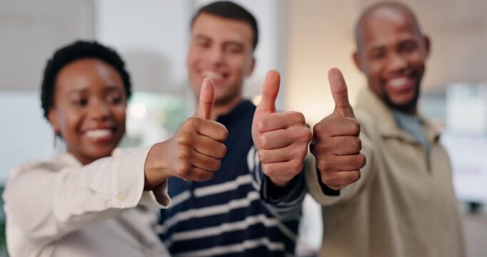 Business people, hands and teamwork with thumbs up for success, hiring promotion and support in office. Group, employees and like emoji for achievement, agreement and thank you sign for recruitment